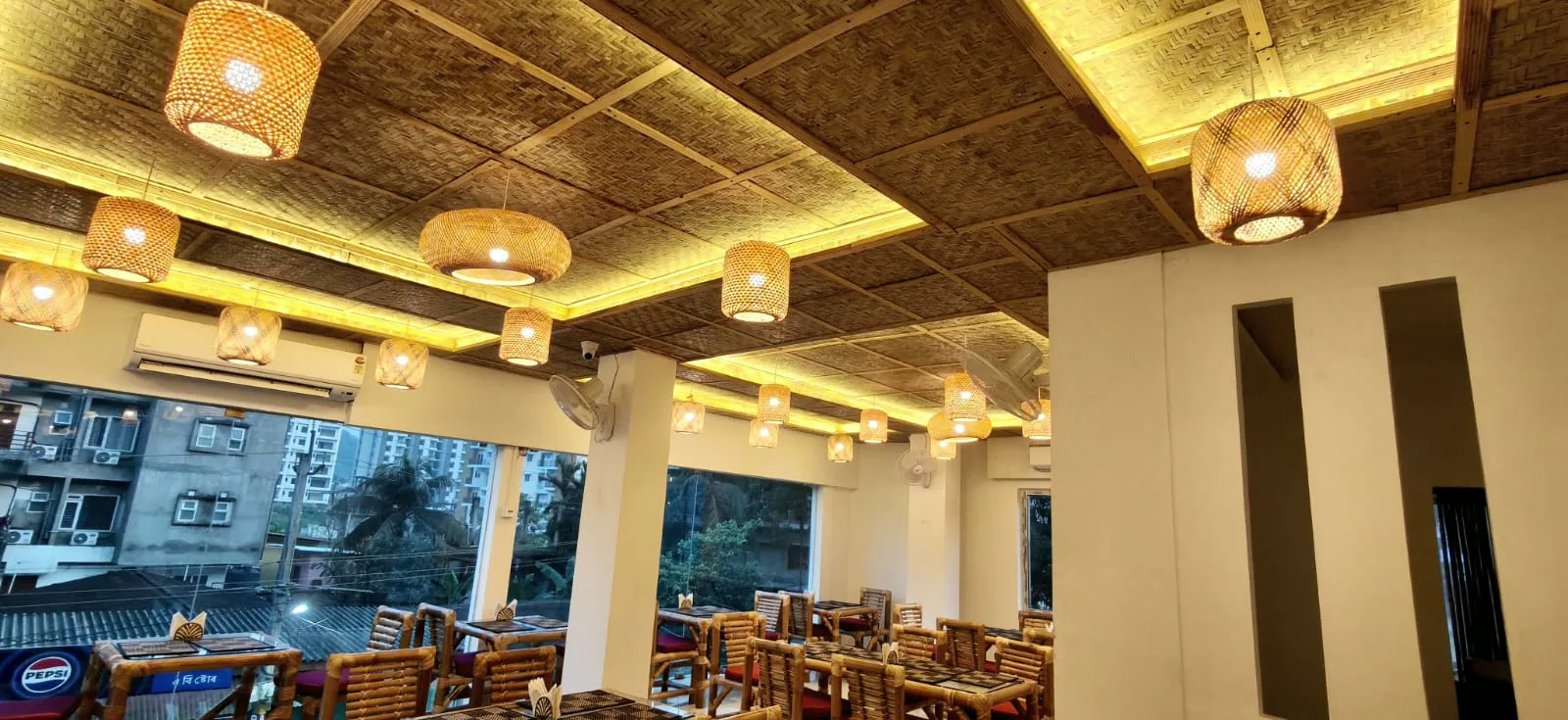 Bamboo ceiling and warm lamps